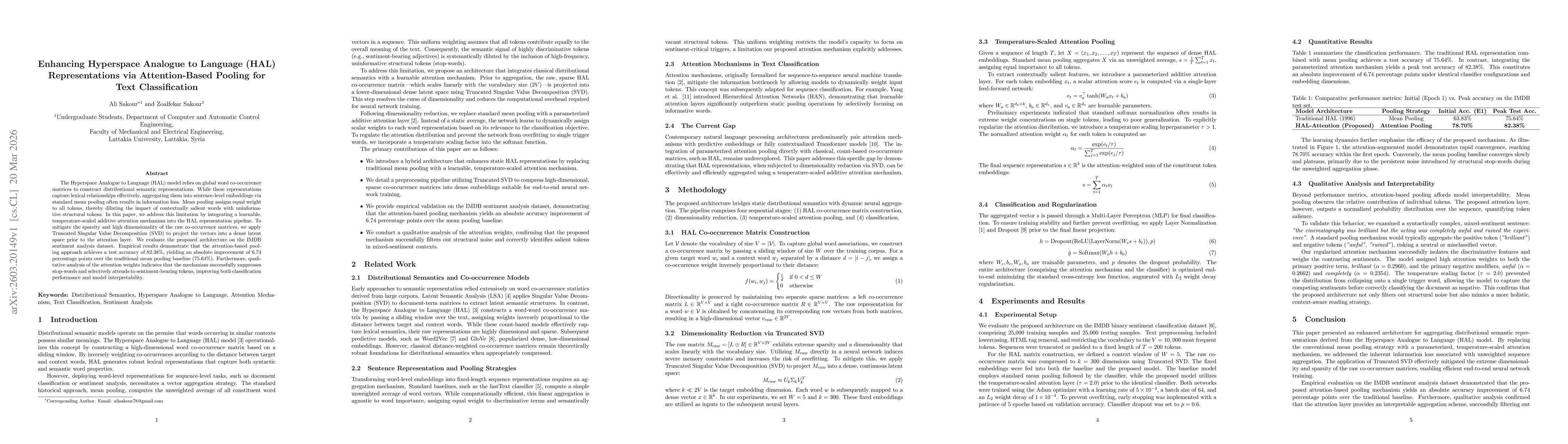 Thumbnail for Enhancing Hyperspace Analogue to Language (HAL) Representations via Attention-Based Pooling for Text Classification