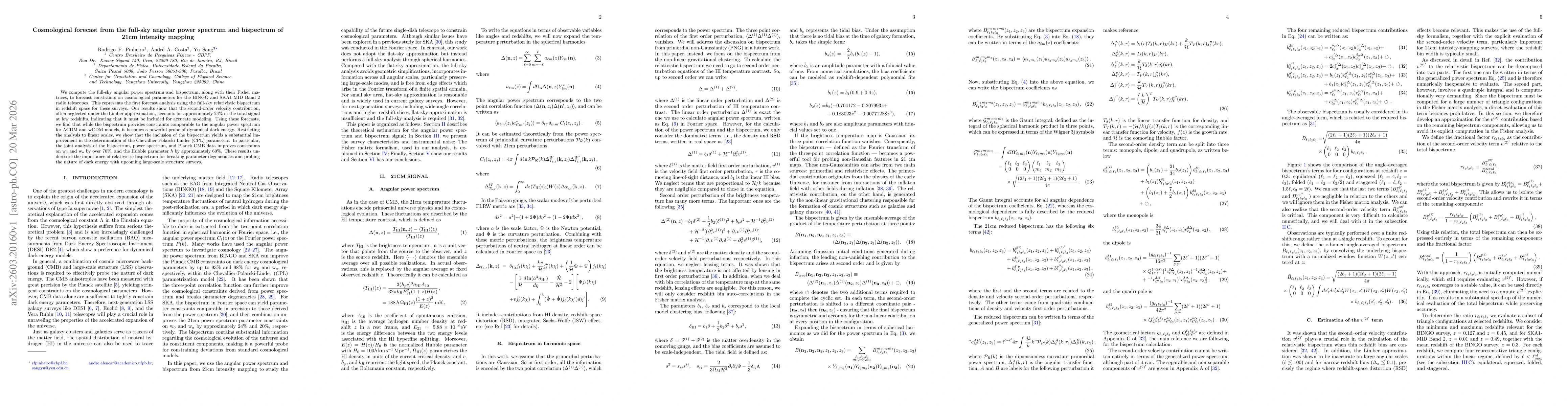 Thumbnail for Cosmological forecast from the full-sky angular power spectrum and bispectrum of 21cm intensity mapping