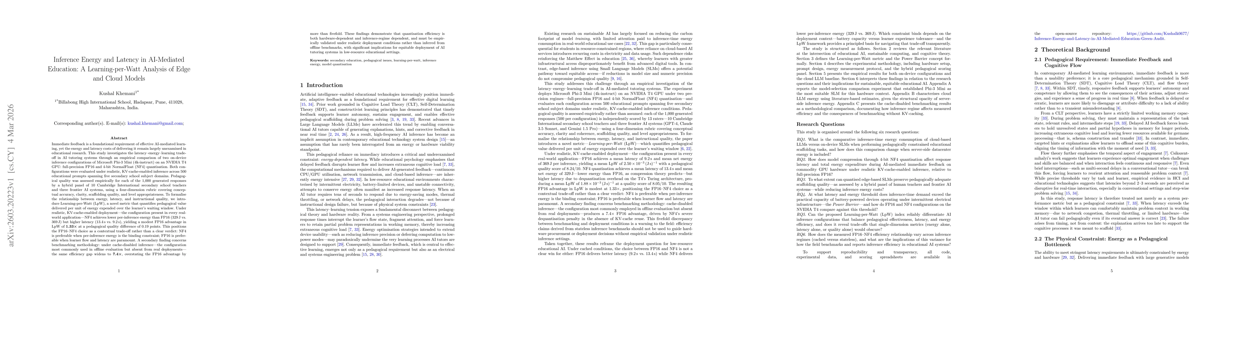 Thumbnail for Inference Energy and Latency in AI-Mediated Education: A Learning-per-Watt Analysis of Edge and Cloud Models