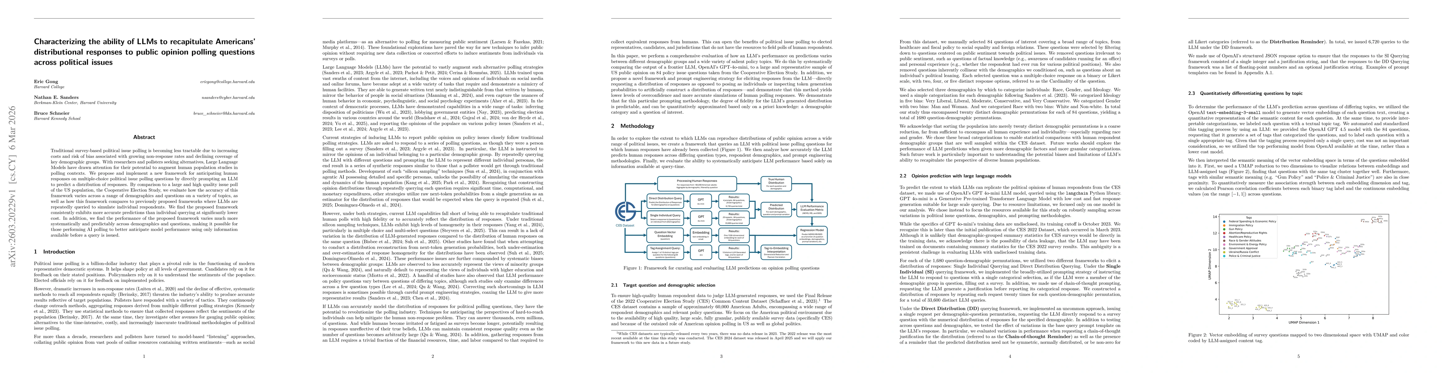 Thumbnail for Characterizing the ability of LLMs to recapitulate Americans' distributional responses to public opinion polling questions across political issues