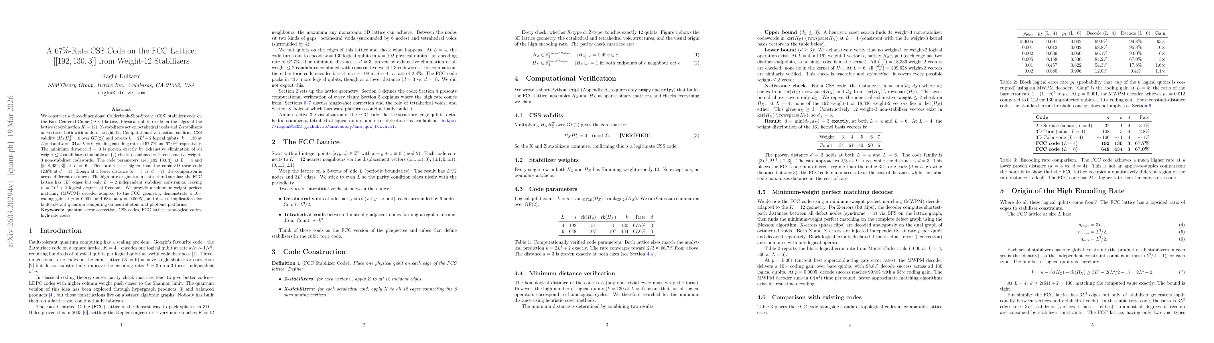 Thumbnail for A 67%-Rate CSS Code on the FCC Lattice: [[192,130,3]] from Weight-12 Stabilizers