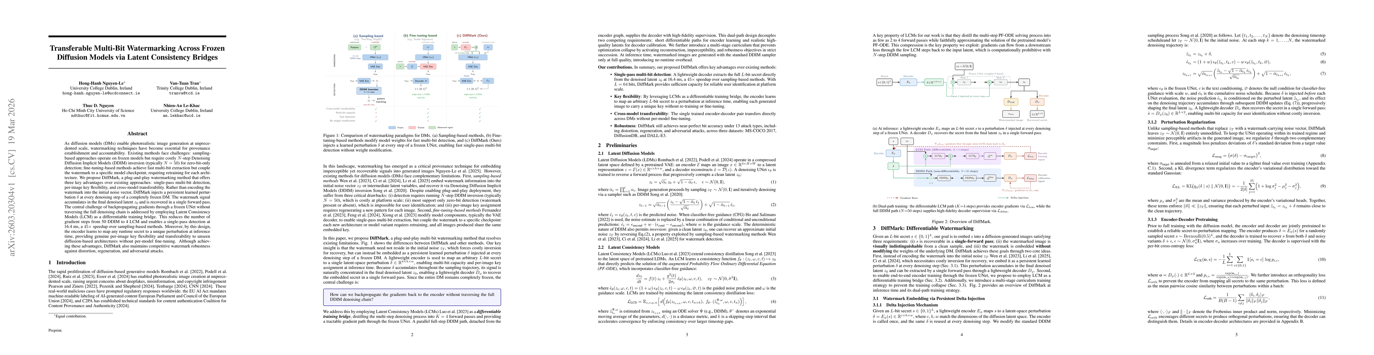 Thumbnail for Transferable Multi-Bit Watermarking Across Frozen Diffusion Models via Latent Consistency Bridges