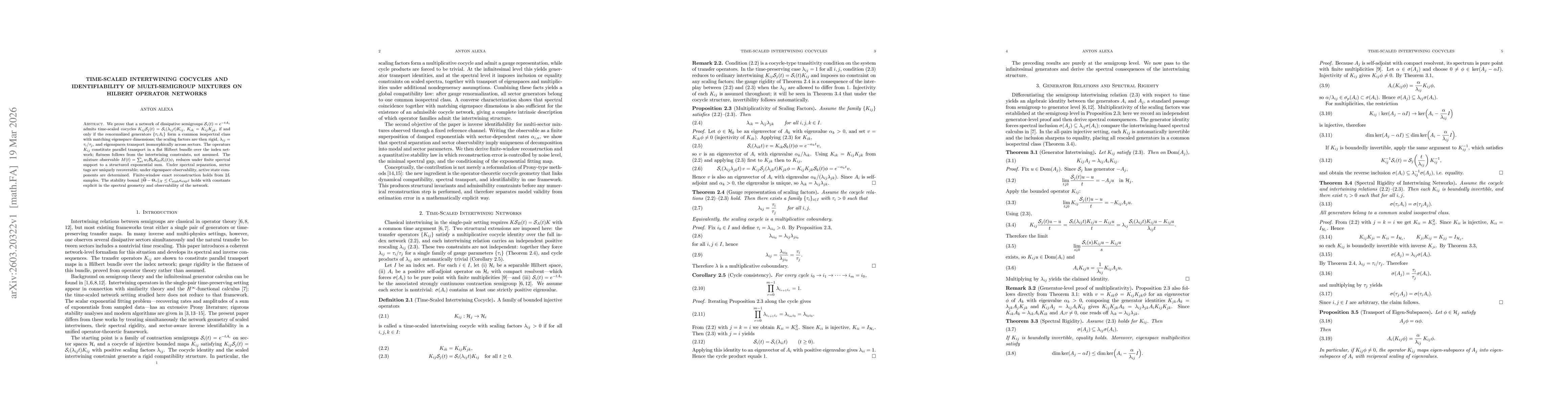 Thumbnail for Time-Scaled Intertwining Cocycles and Identifiability of Multi-Semigroup Mixtures on Hilbert Operator Networks