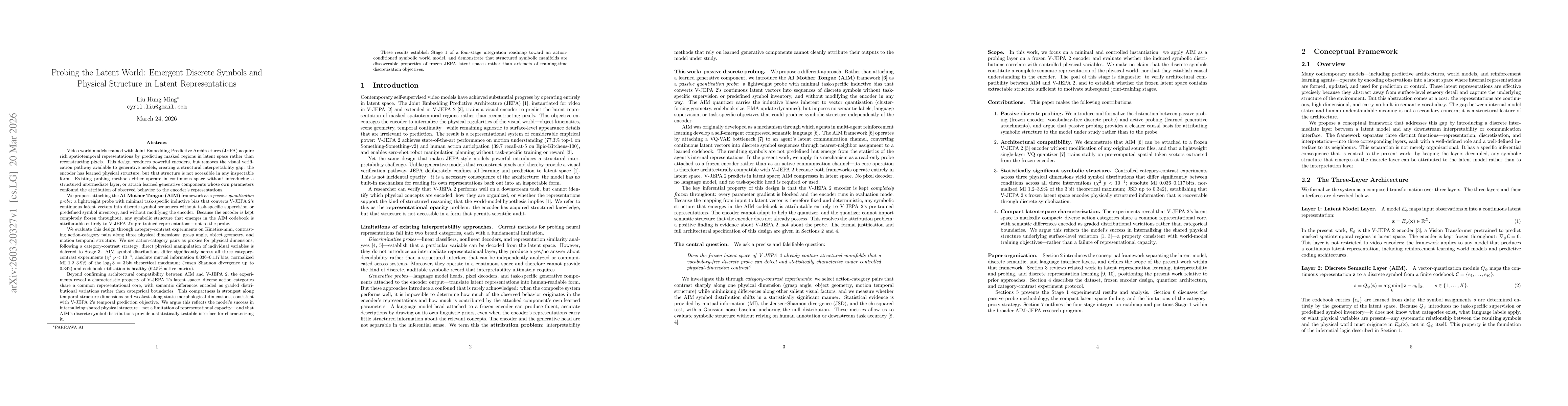 Thumbnail for Probing the Latent World: Emergent Discrete Symbols and Physical Structure in Latent Representations