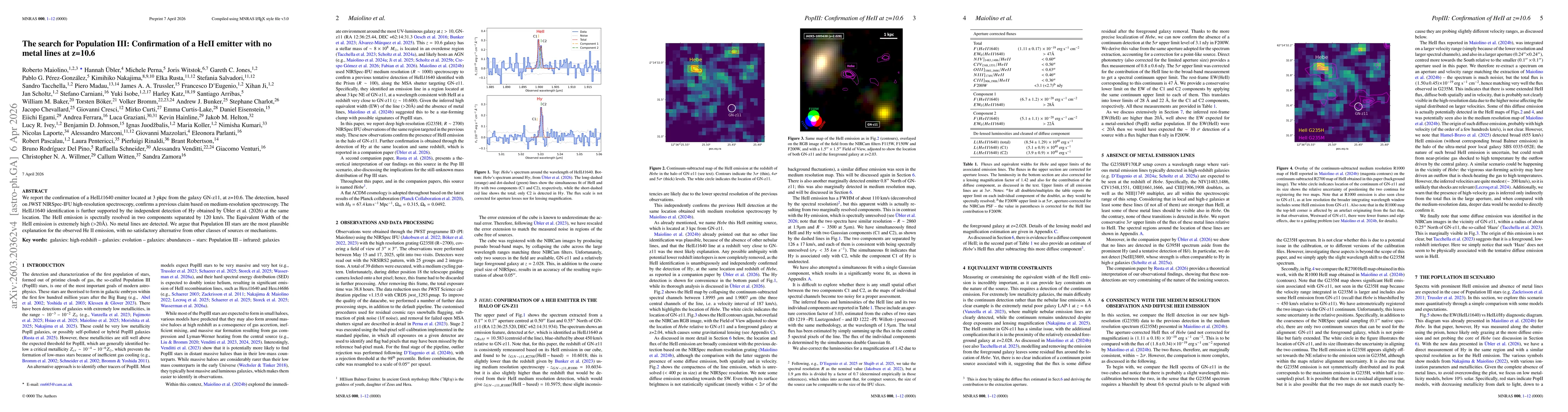 Thumbnail for The search for Population III: Confirmation of a HeII emitter with no metal lines at z=10.6