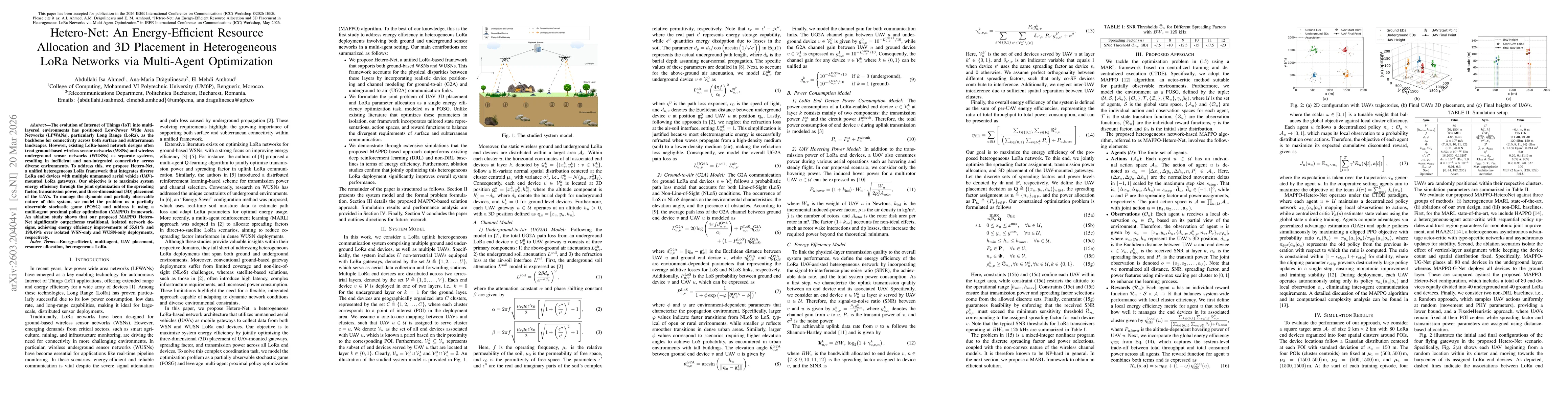 Thumbnail for Hetero-Net: An Energy-Efficient Resource Allocation and 3D Placement in Heterogeneous LoRa Networks via Multi-Agent Optimization