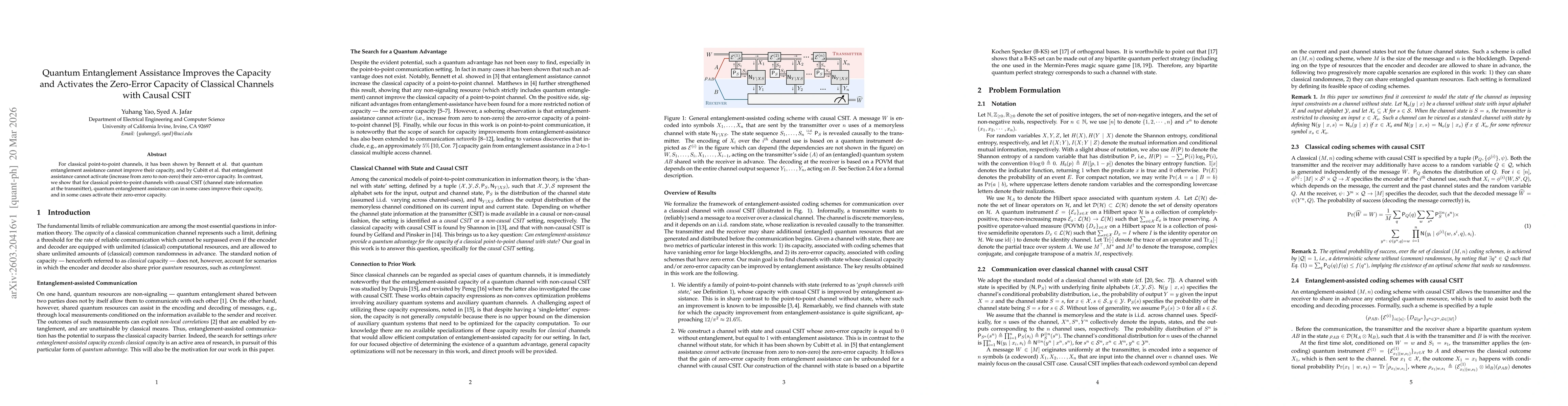 Thumbnail for Quantum Entanglement Assistance Improves the Capacity and Activates the Zero-Error Capacity of Classical Channels with Causal CSIT