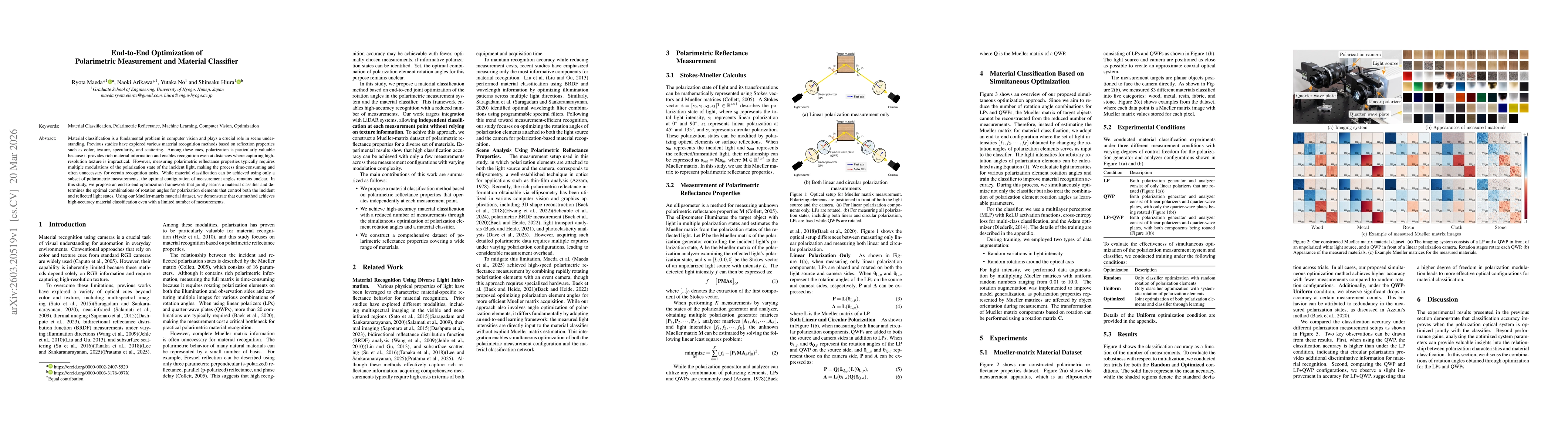 Thumbnail for End-to-End Optimization of Polarimetric Measurement and Material Classifier