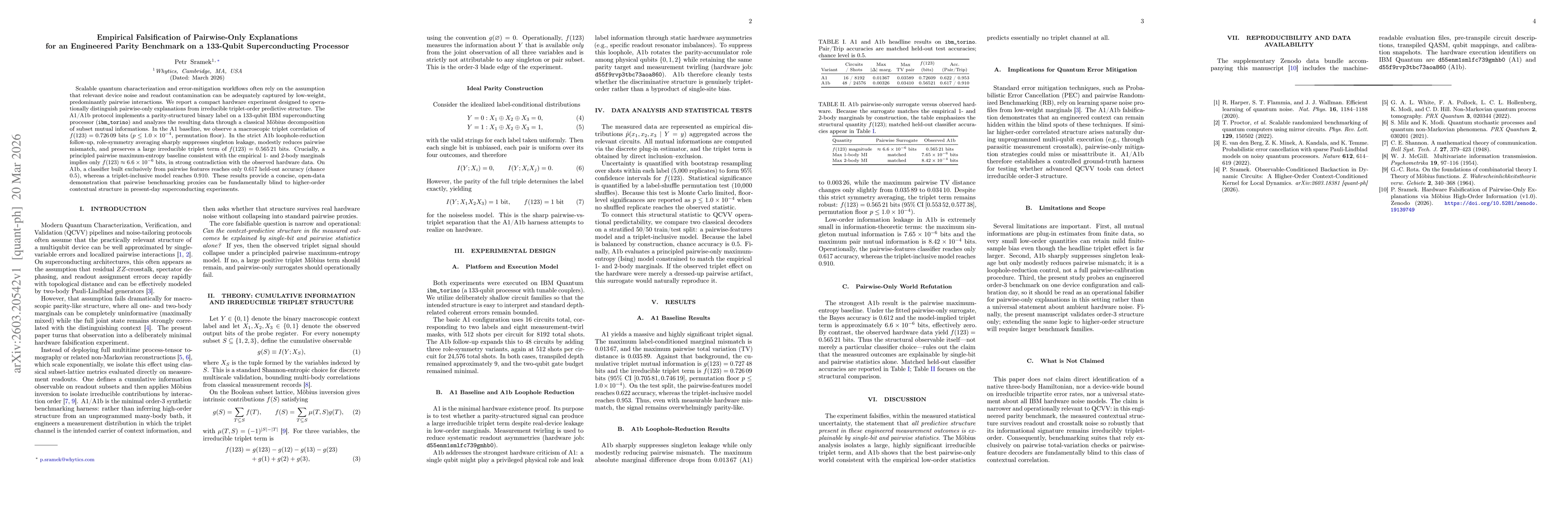 Thumbnail for Empirical Falsification of Pairwise-Only Explanations for an Engineered Parity Benchmark on a 133-Qubit Superconducting Processor