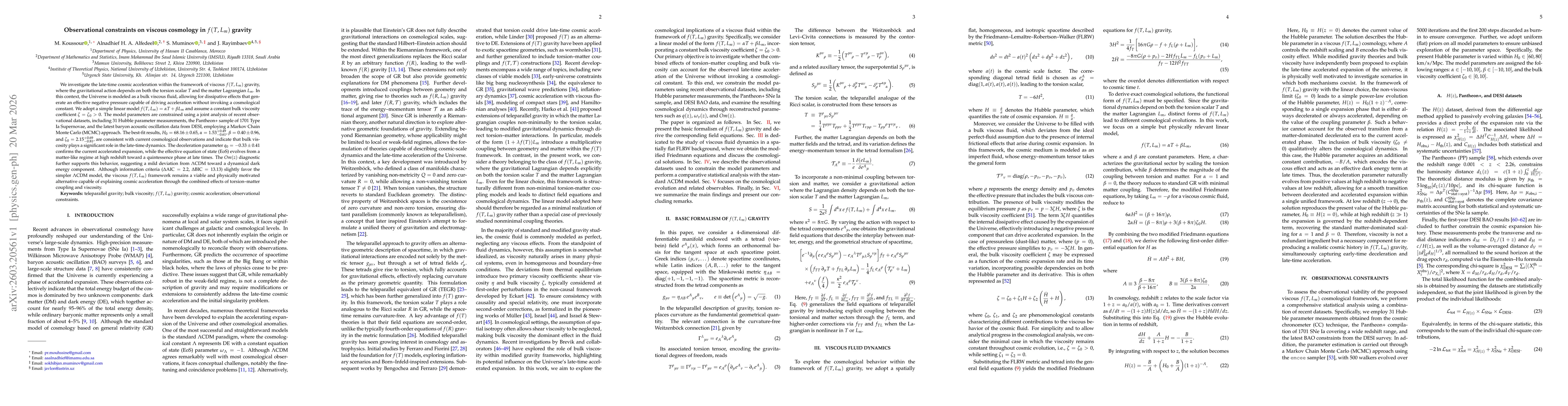 Thumbnail for Observational constraints on viscous cosmology in $f(T,L_m)$ gravity