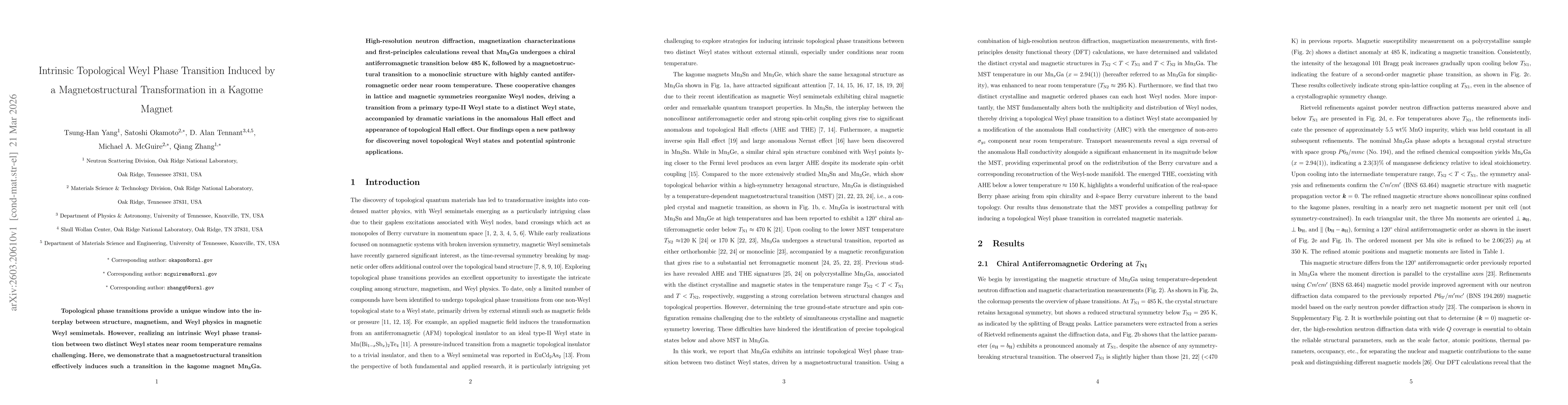 Thumbnail for Intrinsic Topological Weyl Phase Transition Induced by a Magnetostructural Transformation in a Kagome Magnet
