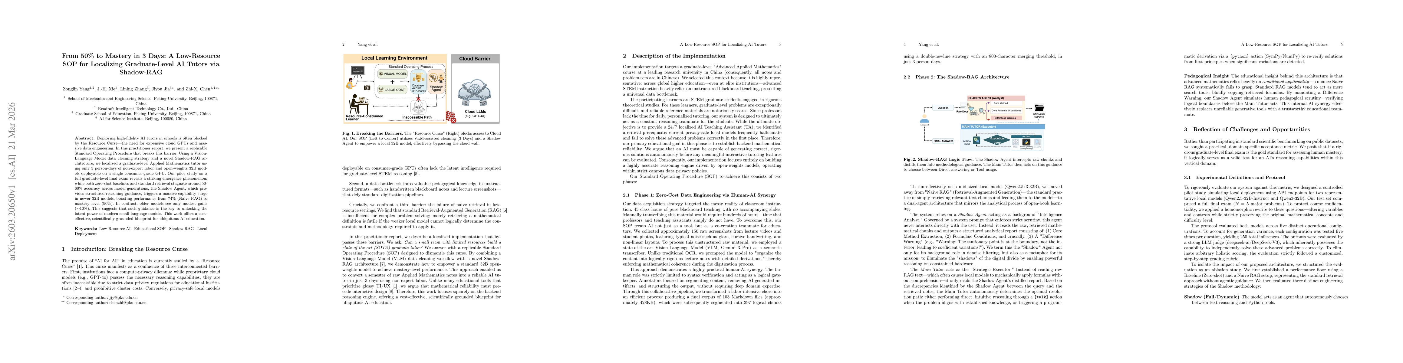 Thumbnail for From 50% to Mastery in 3 Days: A Low-Resource SOP for Localizing Graduate-Level AI Tutors via Shadow-RAG