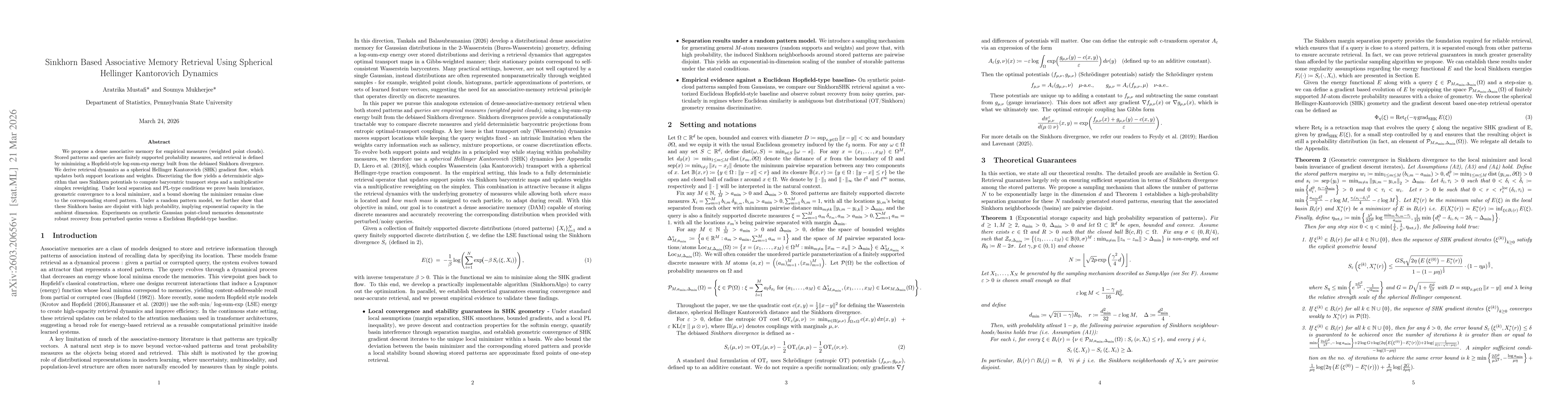 Thumbnail for Sinkhorn Based Associative Memory Retrieval Using Spherical Hellinger Kantorovich Dynamics