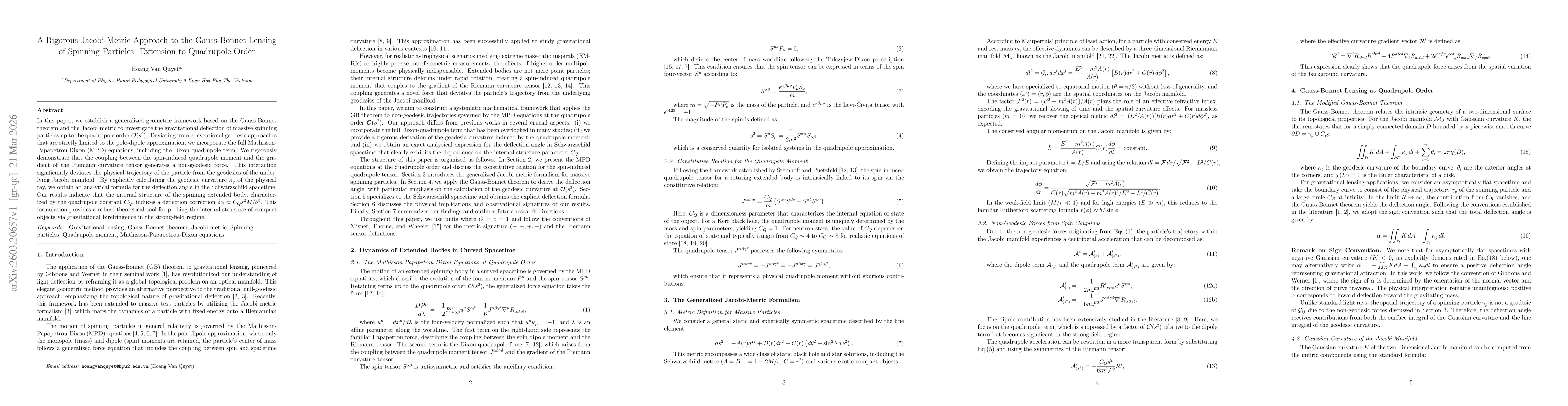 Thumbnail for A Rigorous Jacobi-Metric Approach to the Gauss-Bonnet Lensing of Spinning Particles: Extension to Quadrupole Order
