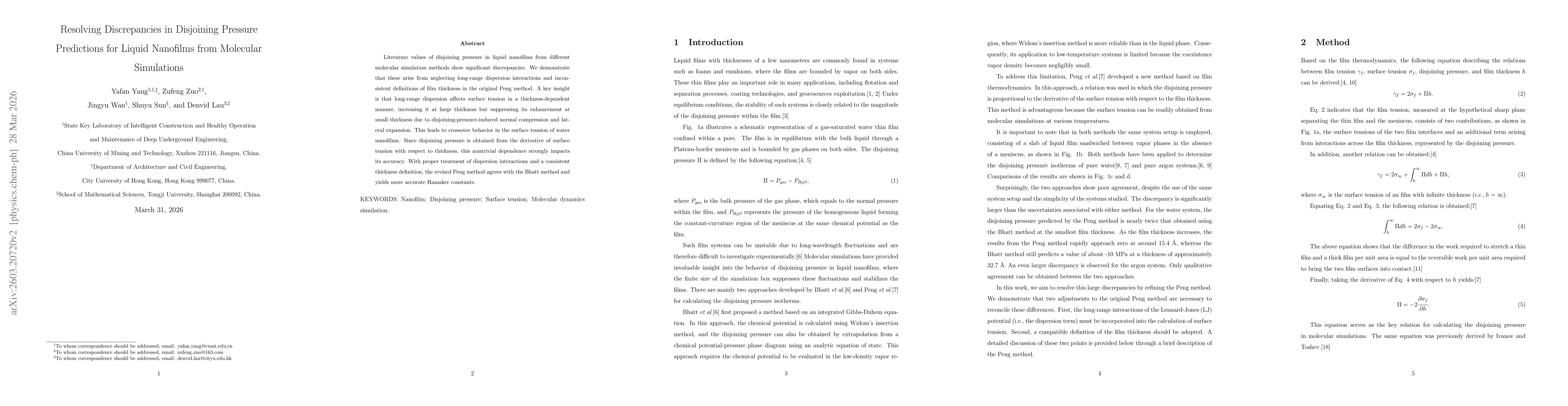 Thumbnail for Resolving Discrepancies in Disjoining Pressure Predictions for Liquid Nanofilms from Molecular Simulations