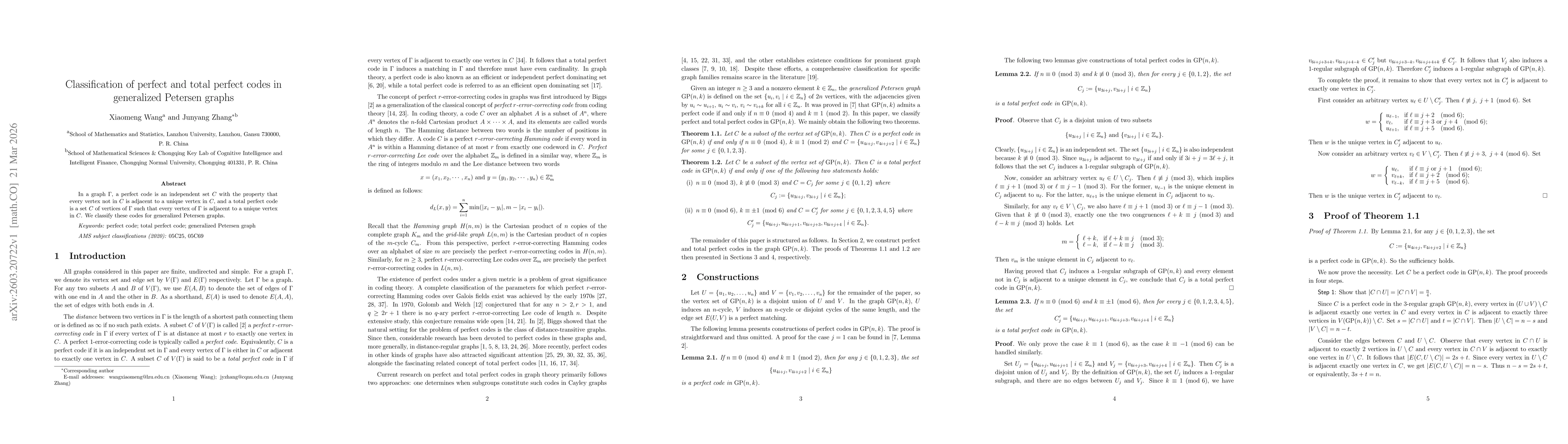 Thumbnail for Classification of perfect and total perfect codes in generalized Petersen graphs