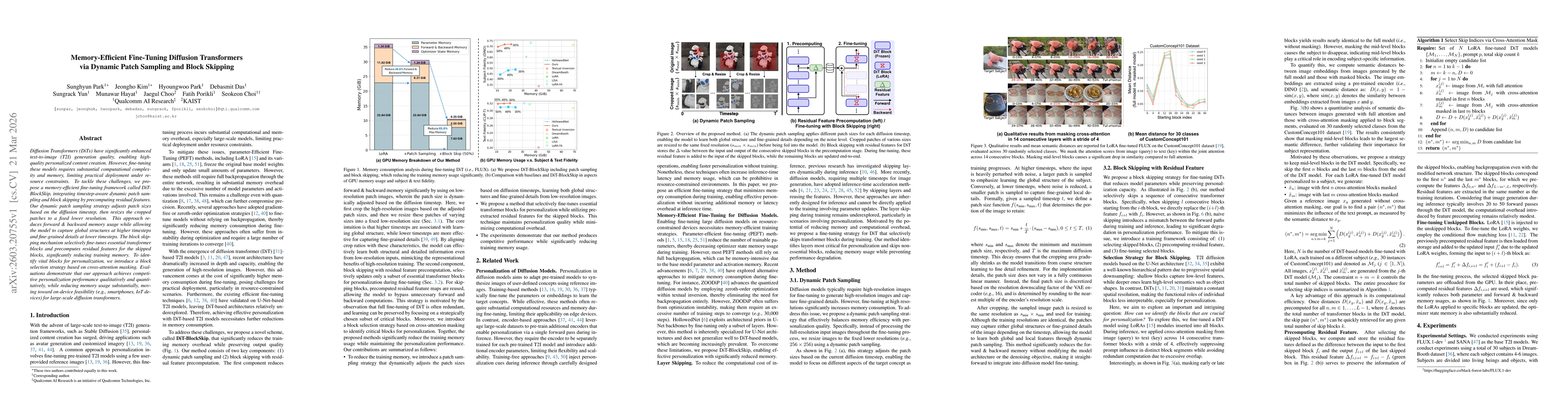 Thumbnail for Memory-Efficient Fine-Tuning Diffusion Transformers via Dynamic Patch Sampling and Block Skipping