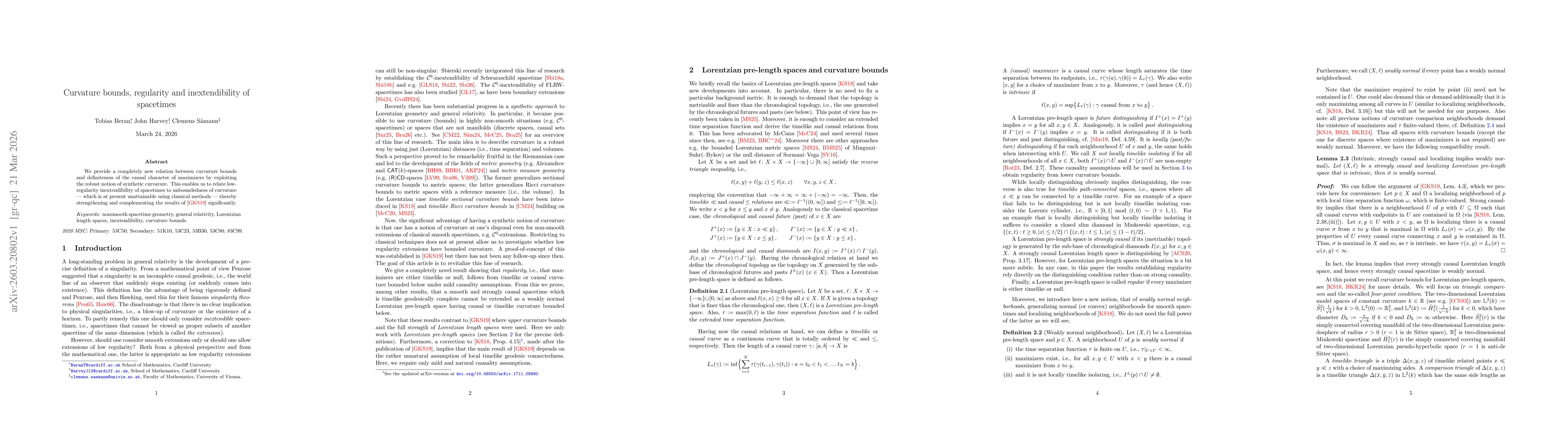 Thumbnail for Curvature bounds, regularity and inextendibility of spacetimes