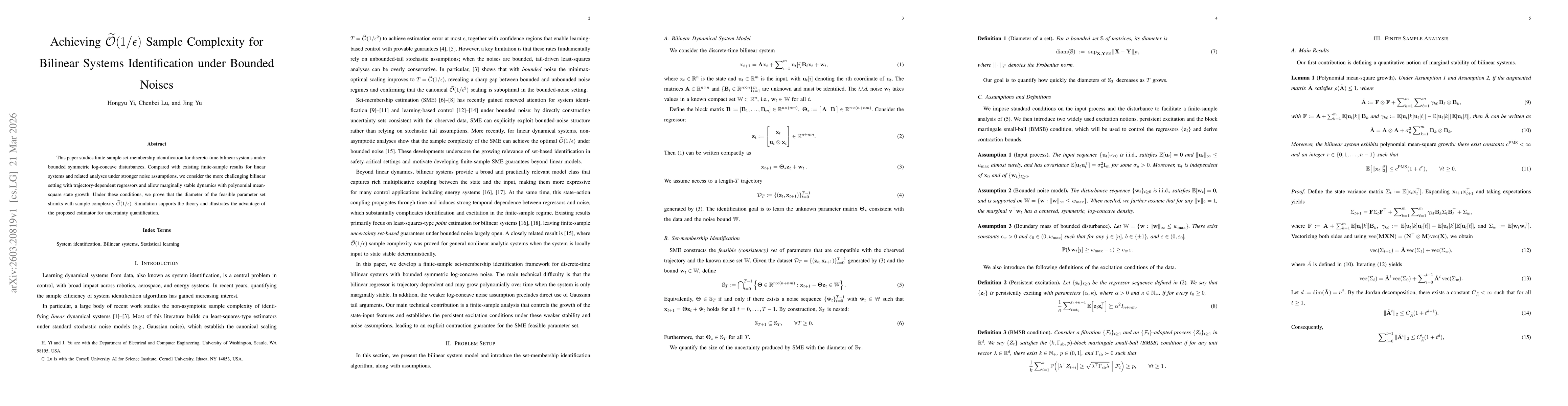 Thumbnail for Achieving $\widetilde{O}(1/ε)$ Sample Complexity for Bilinear Systems Identification under Bounded Noises