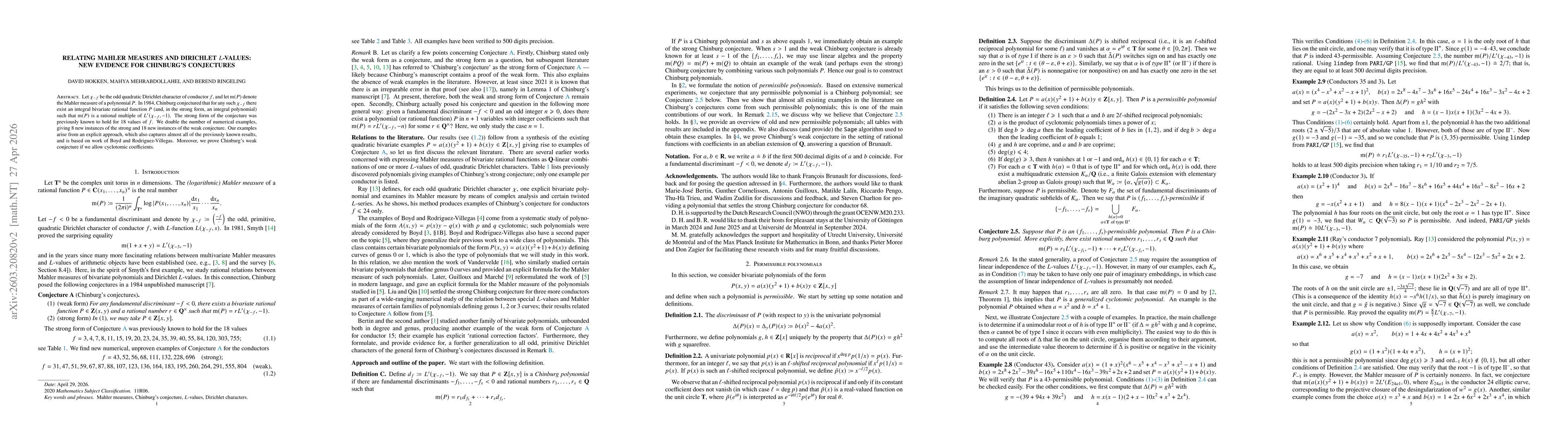 Thumbnail for Relating Mahler measures and Dirichlet $L$-values: new evidence for Chinburg's conjectures