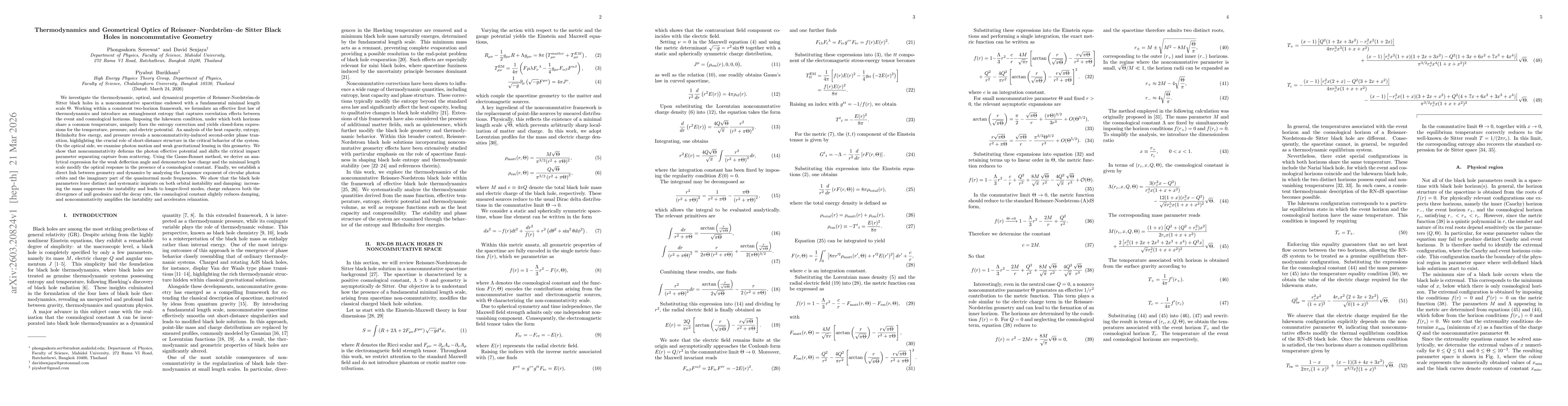 Thumbnail for Thermodynamics and Geometrical Optics of Reissner Nordstrom de Sitter Black Holes in Noncommutative Geometry