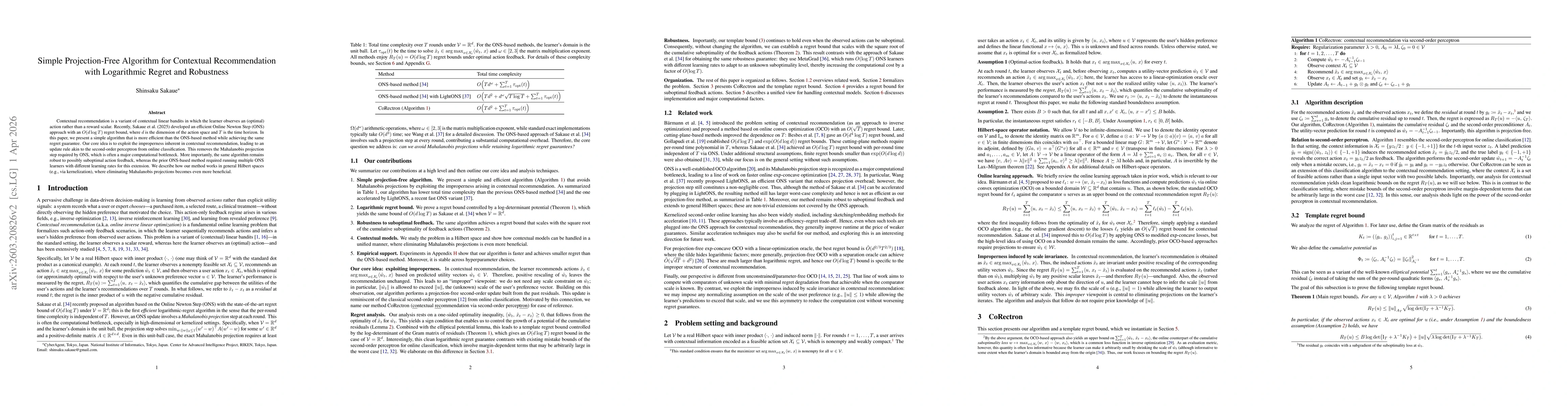 Thumbnail for Simple Projection-Free Algorithm for Contextual Recommendation with Logarithmic Regret and Robustness