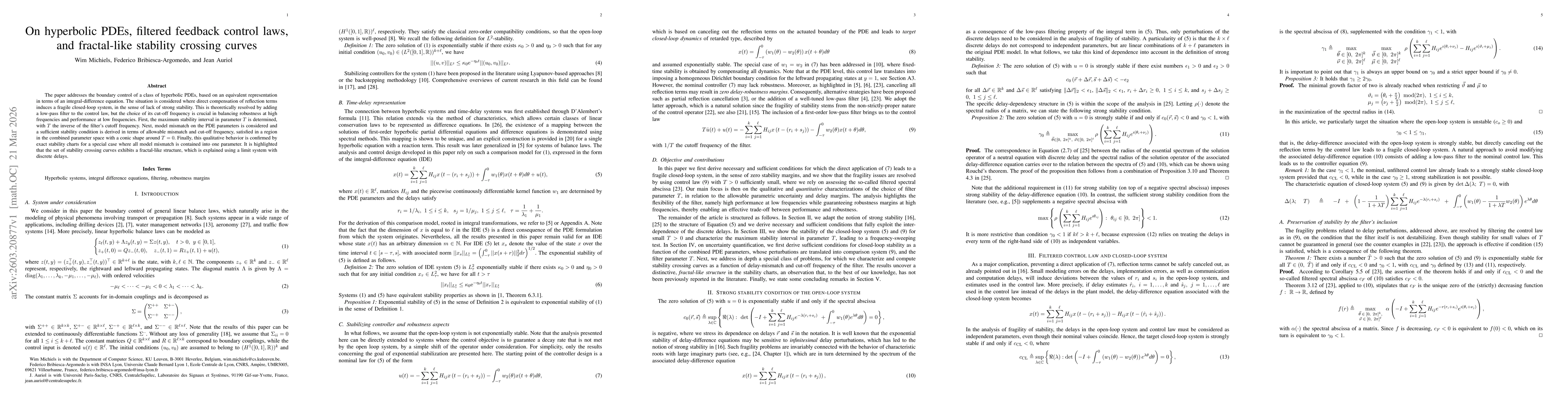 Thumbnail for On hyperbolic PDEs, filtered feedback control laws, and fractal-like stability crossing curves