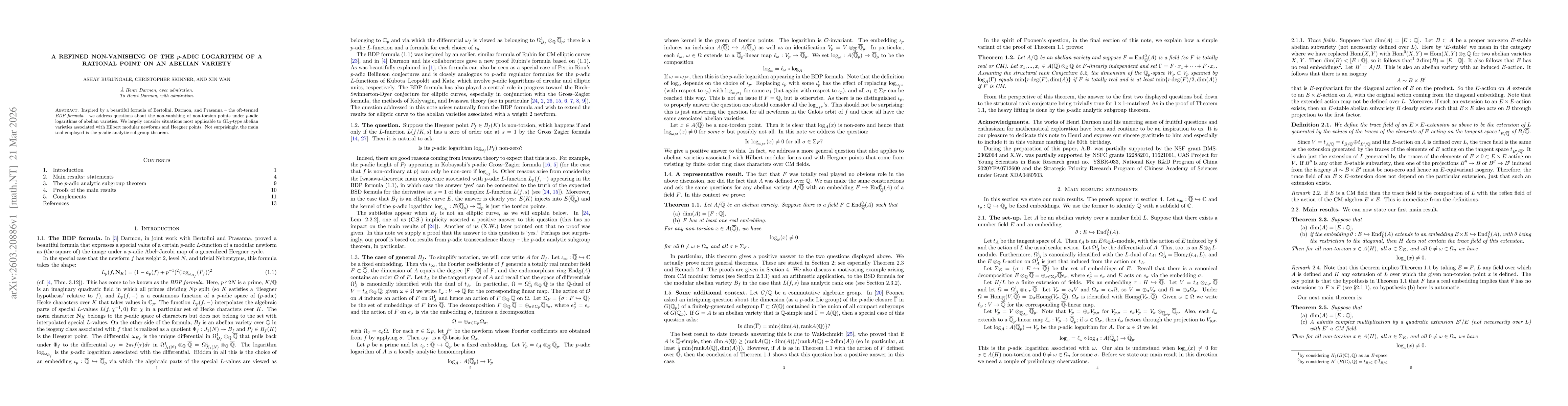 Thumbnail for A refined non-vanishing of the $p$-adic logarithm of a rational point on an abelian variety
