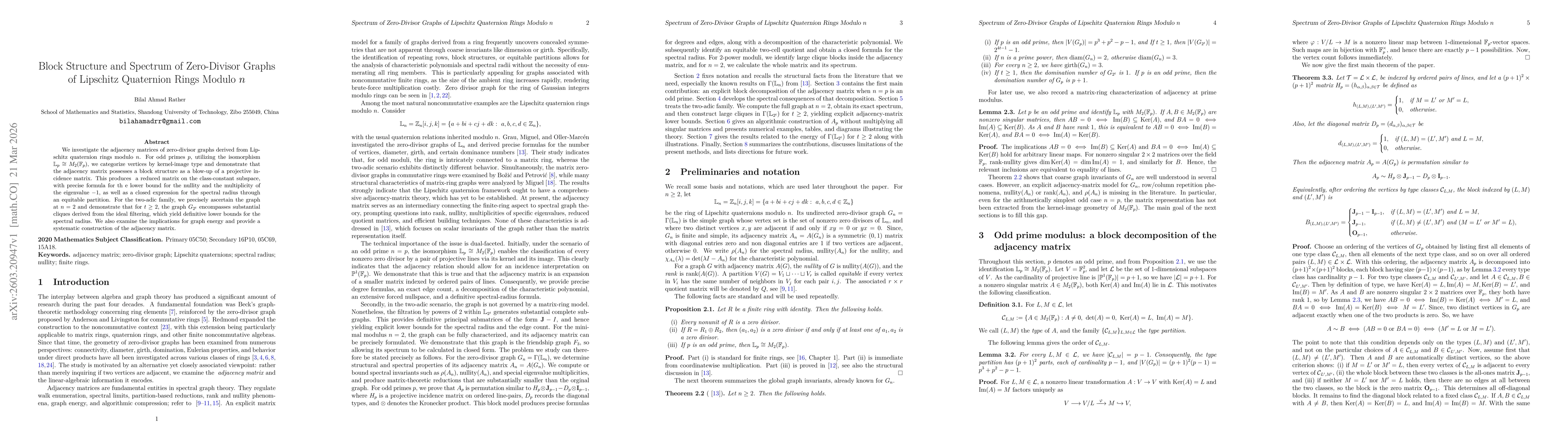 Thumbnail for Block Structure and Spectrum of Zero-Divisor Graphs of Lipschitz Quaternion Rings Modulo \(n\)
