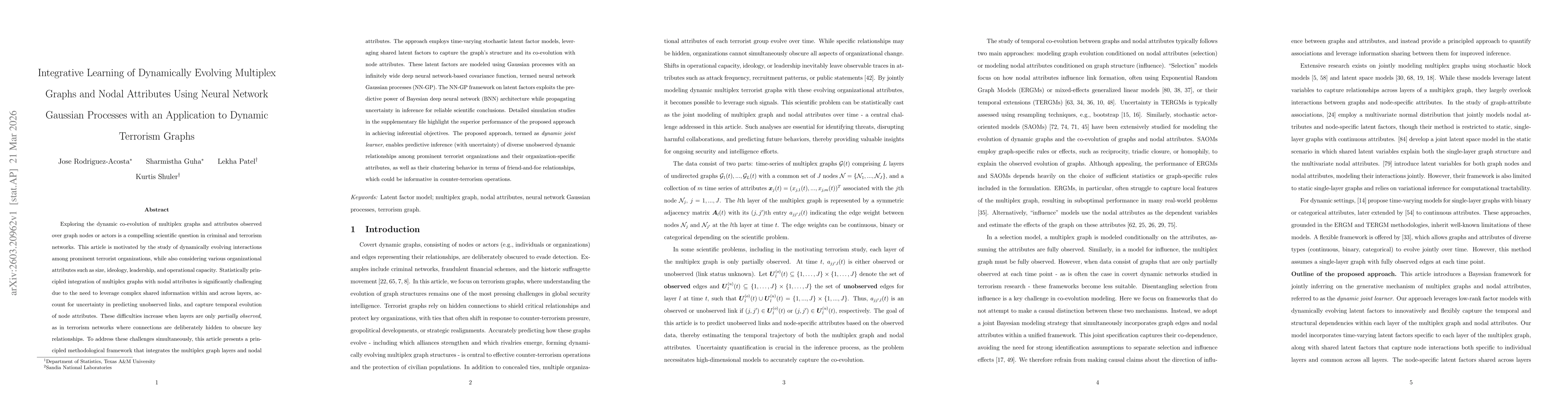 Thumbnail for Integrative Learning of Dynamically Evolving Multiplex Graphs and Nodal Attributes Using Neural Network Gaussian Processes with an Application to Dynamic Terrorism Graphs