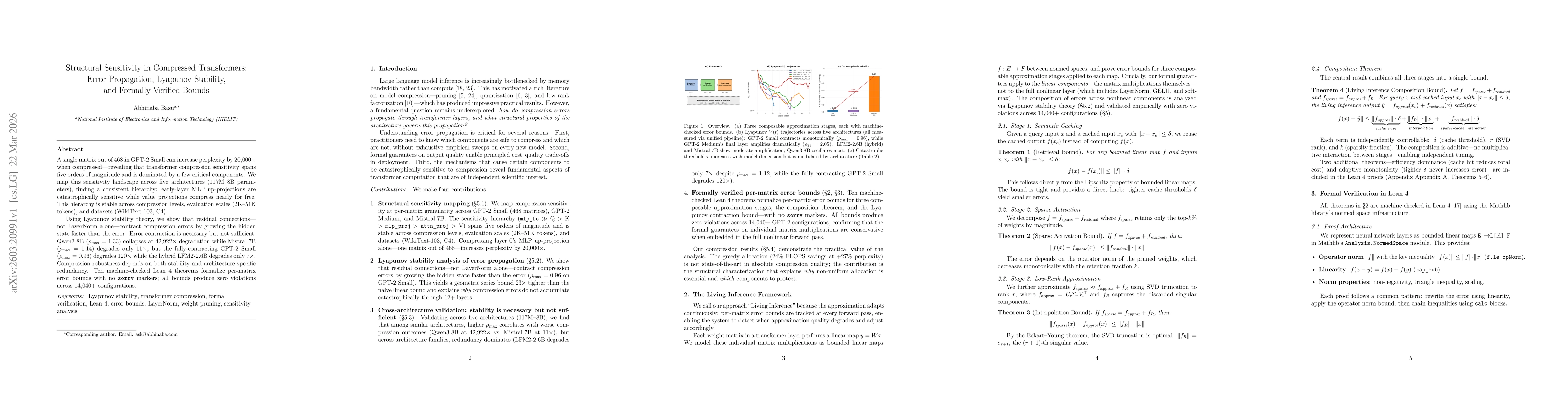 Thumbnail for Structural Sensitivity in Compressed Transformers: Error Propagation, Lyapunov Stability, and Formally Verified Bounds