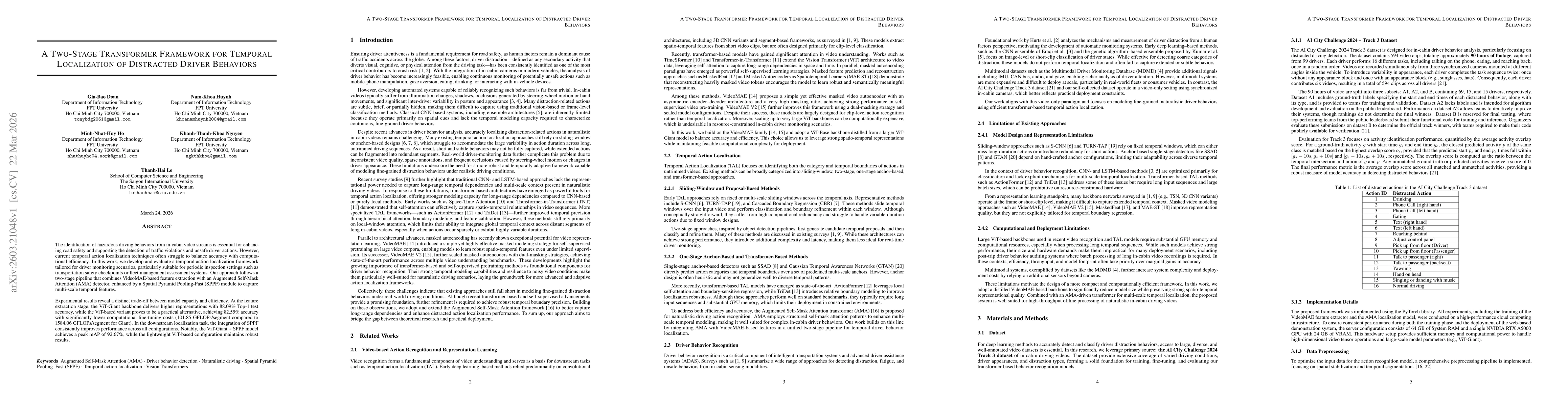 Thumbnail for A Two-stage Transformer Framework for Temporal Localization of Distracted Driver Behaviors