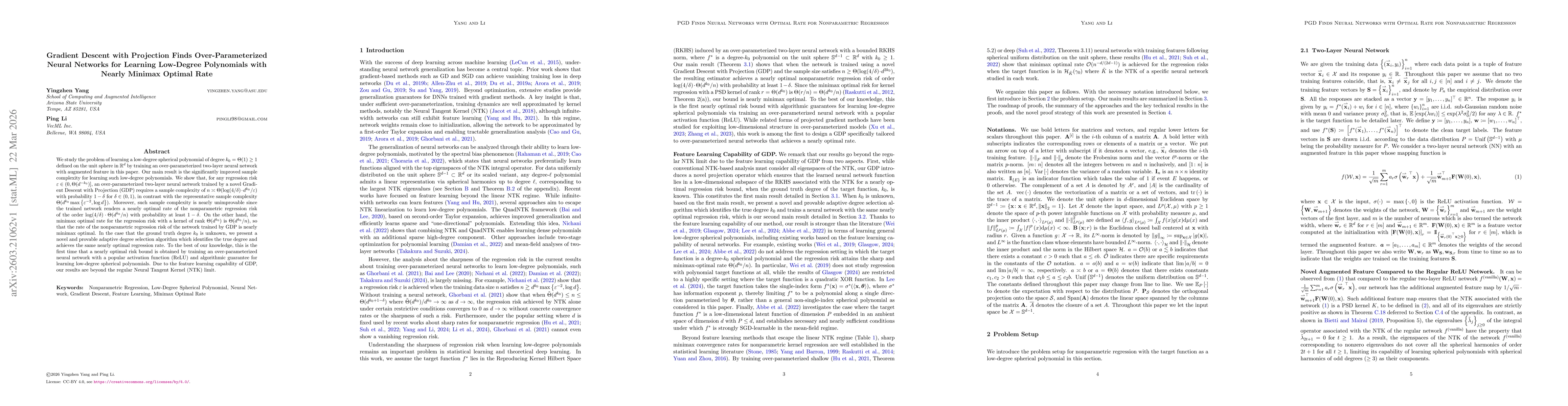Thumbnail for Gradient Descent with Projection Finds Over-Parameterized Neural Networks for Learning Low-Degree Polynomials with Nearly Minimax Optimal Rate