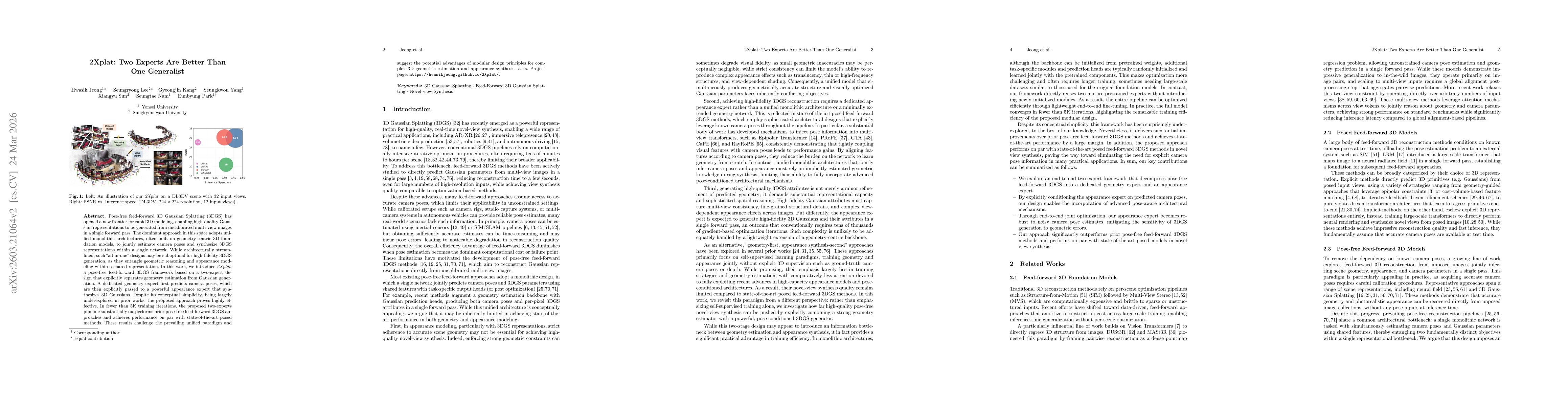 Thumbnail for Two Experts Are Better Than One Generalist: Decoupling Geometry and Appearance for Feed-Forward 3D Gaussian Splatting
