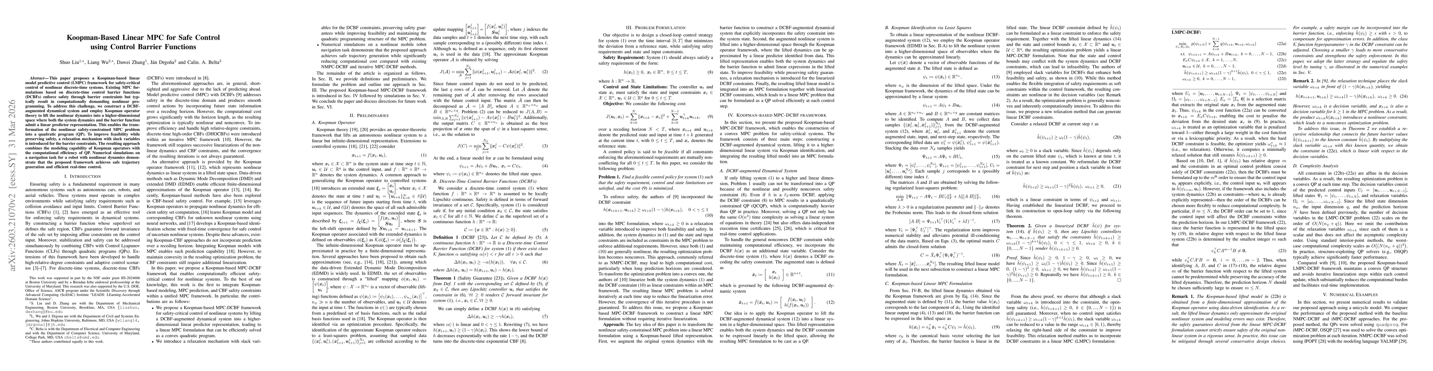 Thumbnail for Koopman Meets Discrete-Time Control Barrier Functions: A Linear Model Predictive Control Framework