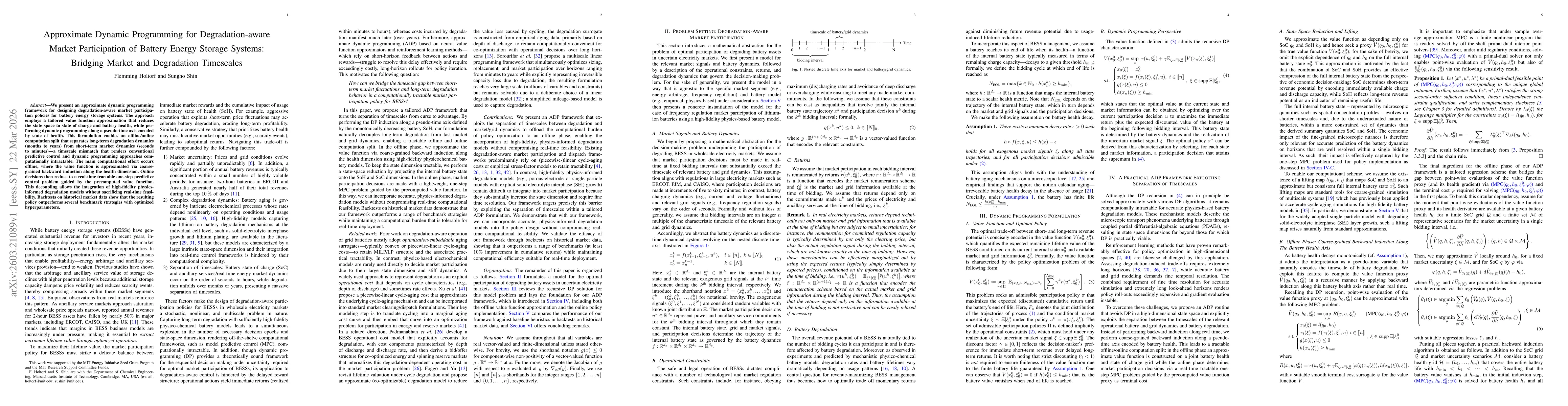Thumbnail for Approximate Dynamic Programming for Degradation-aware Market Participation of Battery Energy Storage Systems: Bridging Market and Degradation Timescales