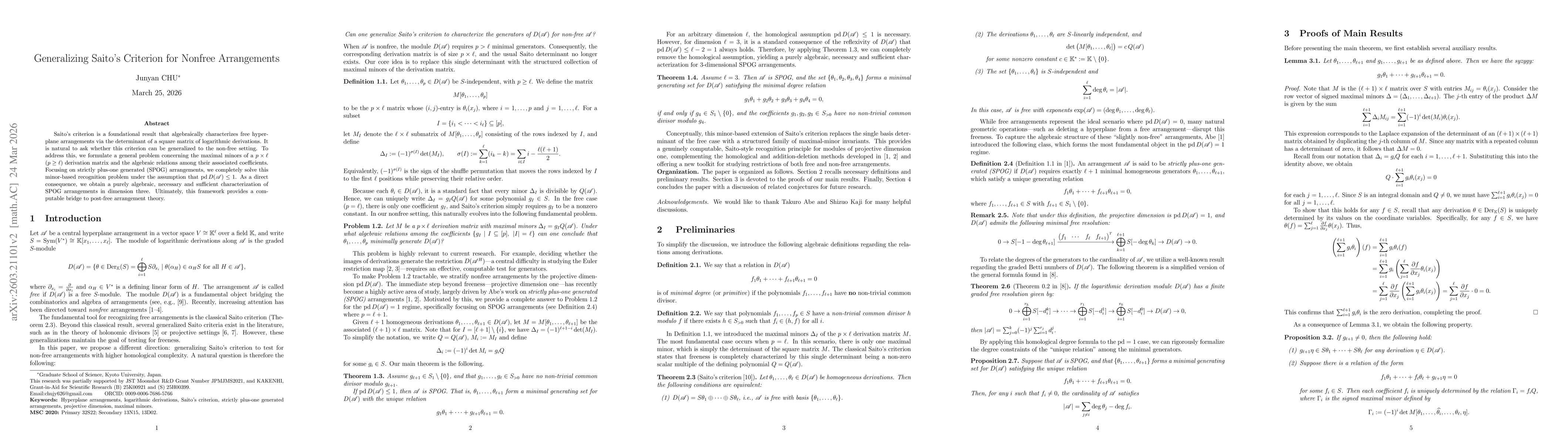 Thumbnail for Generalizing Saito's Criterion for Nonfree Arrangements