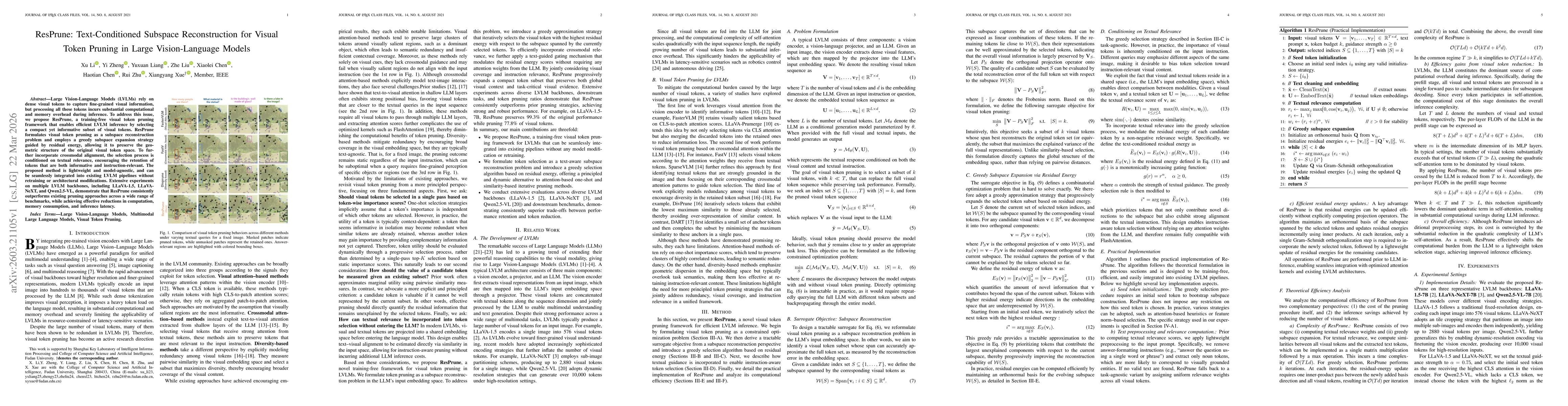 Thumbnail for ResPrune: Text-Conditioned Subspace Reconstruction for Visual Token Pruning in Large Vision-Language Models