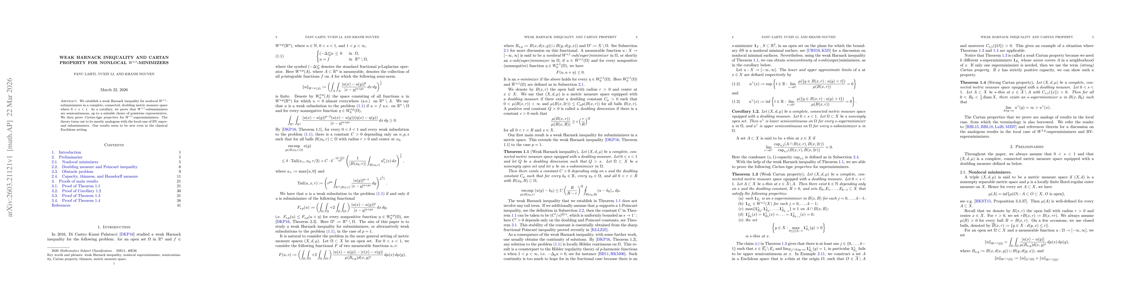 Thumbnail for Weak Harnack inequality and Cartan property for nonlocal $W^{s,1}$-minimizers