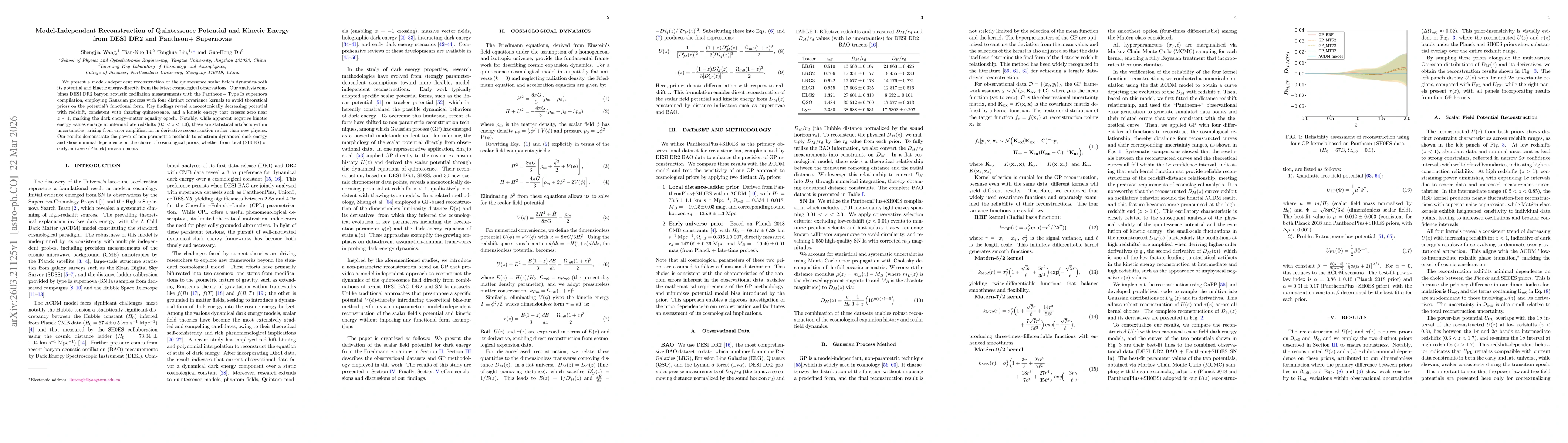 Thumbnail for Model-Independent Reconstruction of Quintessence Potential and Kinetic Energy from DESI DR2 and Pantheon+ Supernovae