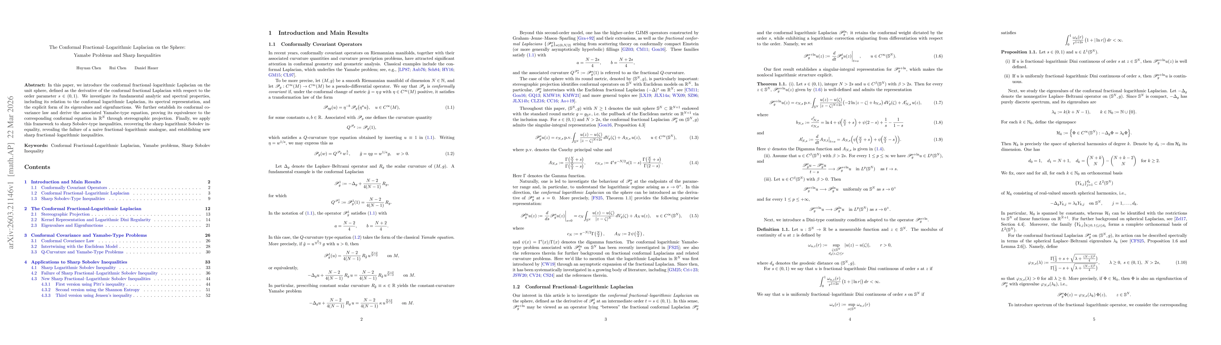 Thumbnail for The Conformal Fractional--Logarithmic Laplacian on the Sphere: Yamabe Problems and Sharp Inequalities