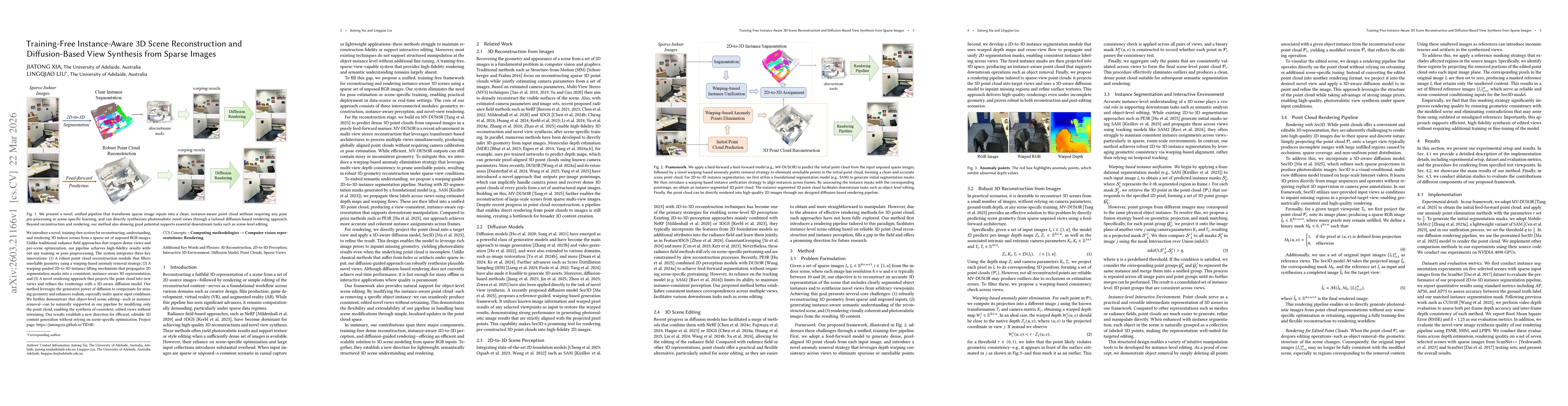 Thumbnail for Training-Free Instance-Aware 3D Scene Reconstruction and Diffusion-Based View Synthesis from Sparse Images