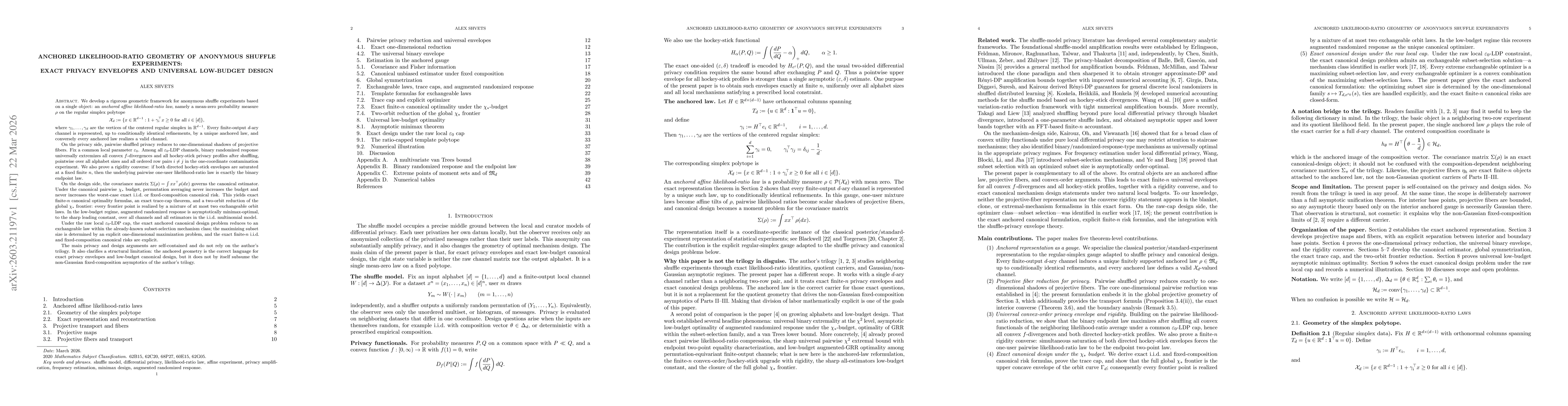 Thumbnail for Anchored Likelihood-Ratio Geometry of Anonymous Shuffle Experiments: Exact Privacy Envelopes and Universal Low-Budget Design
