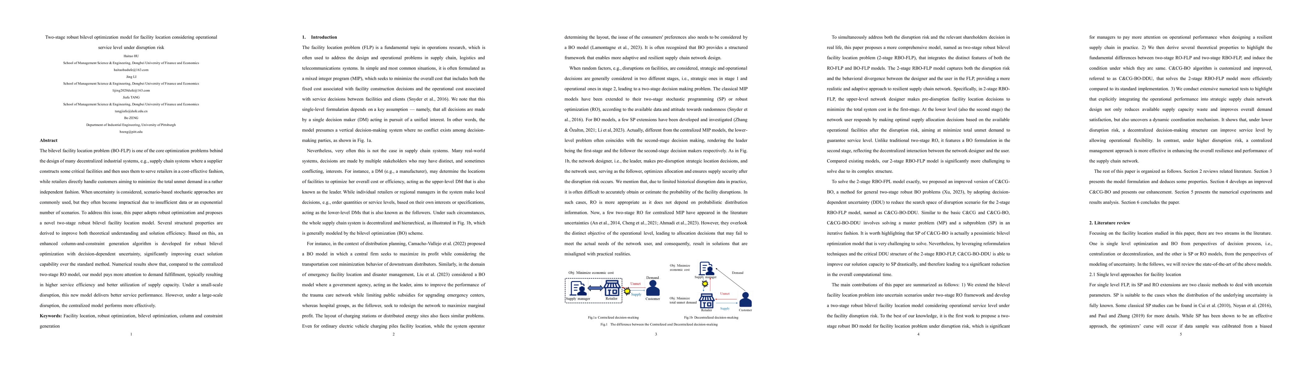 Thumbnail for Two-stage robust bilevel optimization model for facility location considering operational service level under disruption risk