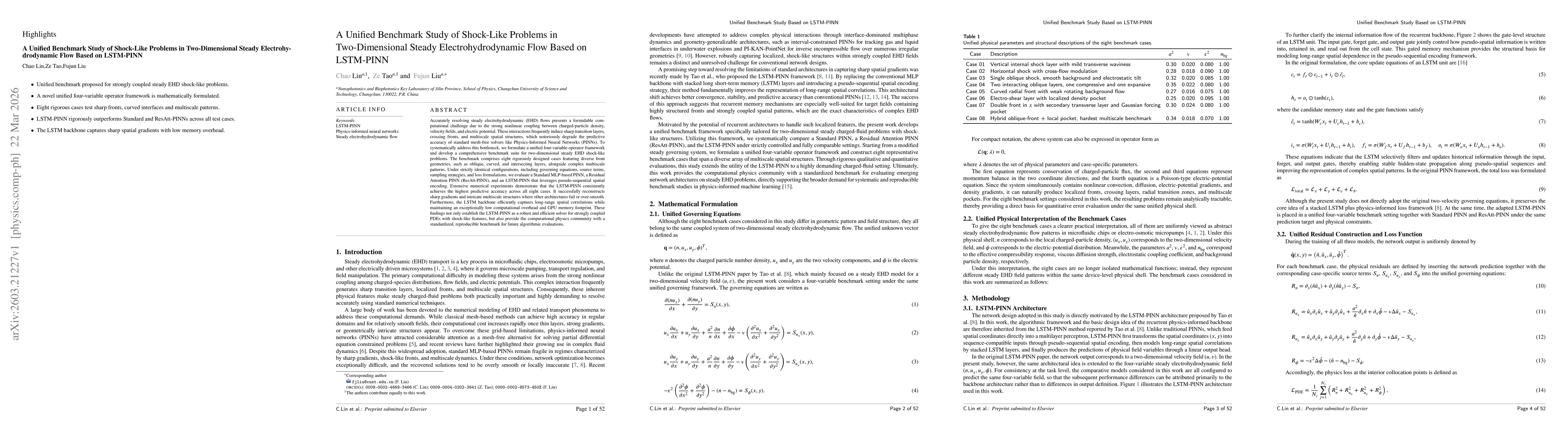 Thumbnail for A Unified Benchmark Study of Shock-Like Problems in Two-Dimensional Steady Electrohydrodynamic Flow Based on LSTM-PINN