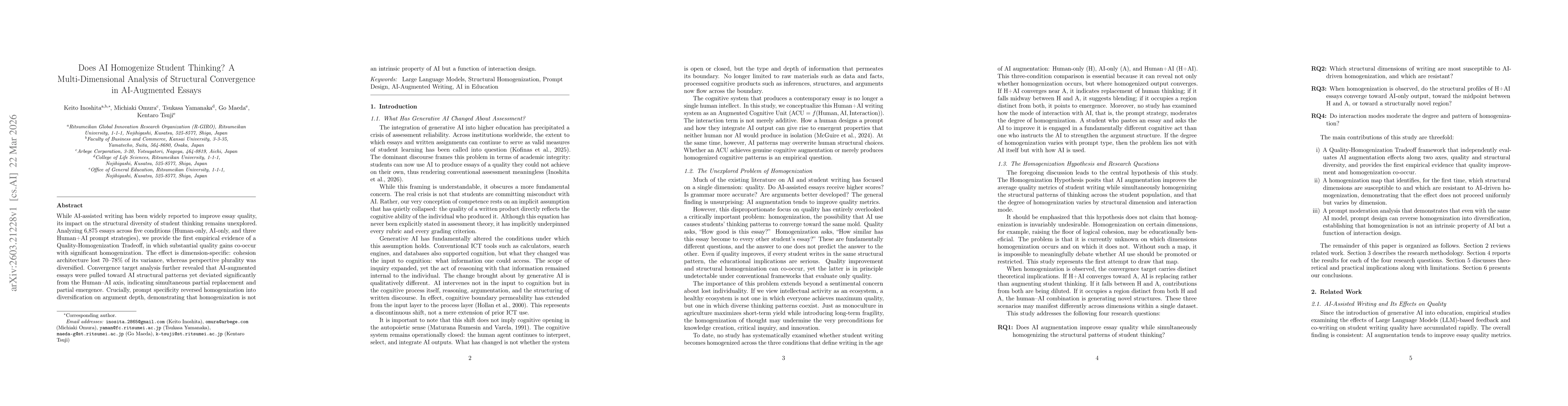 Thumbnail for Does AI Homogenize Student Thinking? A Multi-Dimensional Analysis of Structural Convergence in AI-Augmented Essays