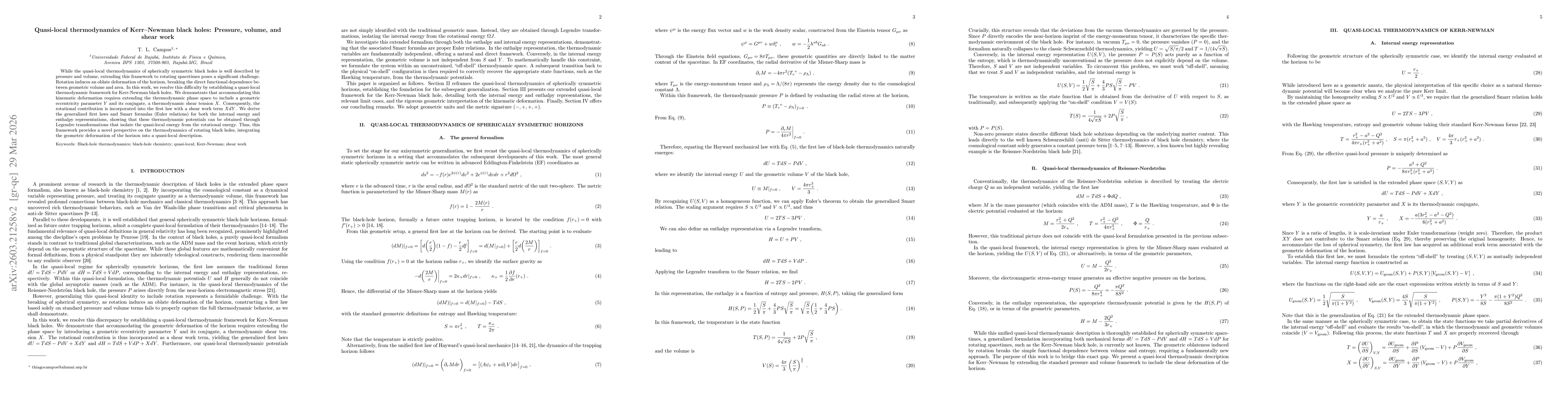 Thumbnail for Quasi-local thermodynamics of Kerr-Newman black holes: Pressure, volume, and shear work