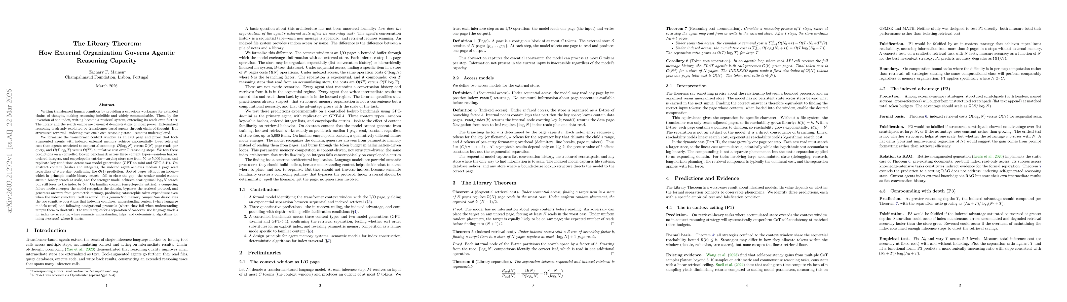 Thumbnail for The Library Theorem: How External Organization Governs Agentic Reasoning Capacity