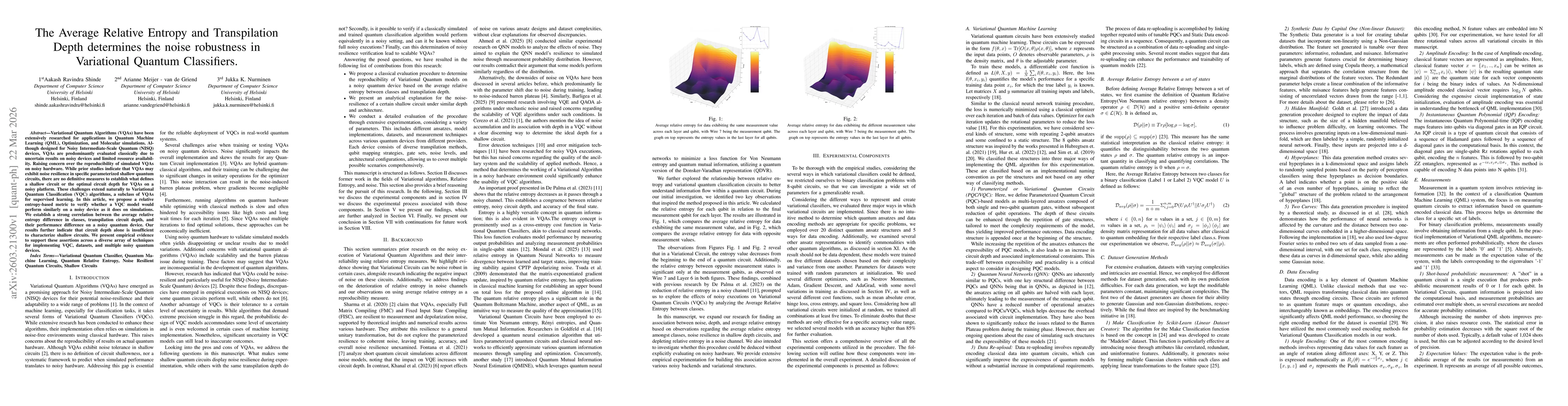 Thumbnail for The Average Relative Entropy and Transpilation Depth determines the noise robustness in Variational Quantum Classifiers