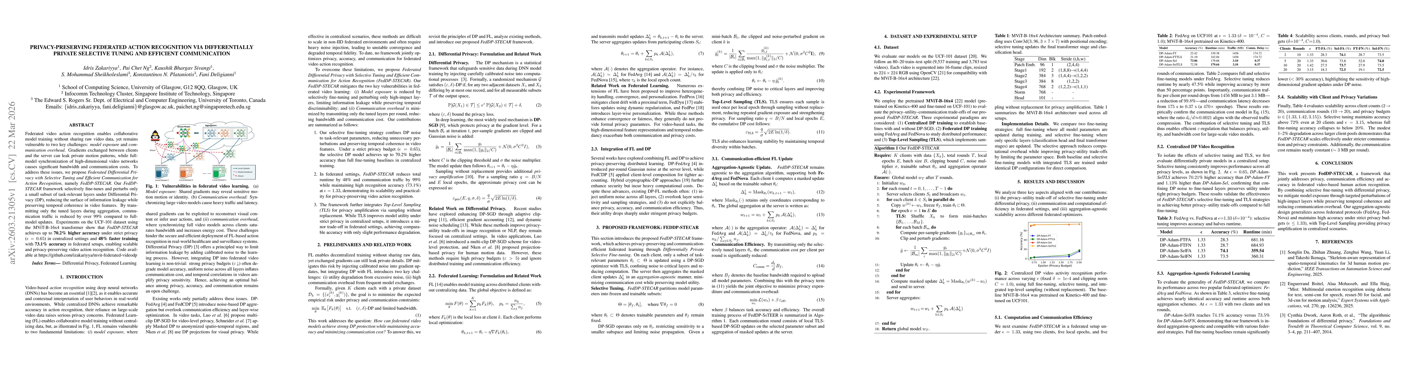 Thumbnail for Privacy-Preserving Federated Action Recognition via Differentially Private Selective Tuning and Efficient Communication